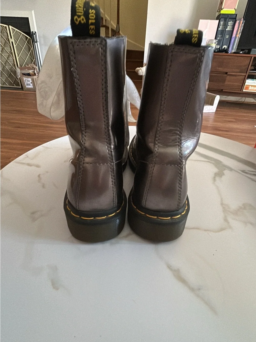 Dr. Martens metallic Gray Leather Combat Boots with White Laces - Picture 4 of 7